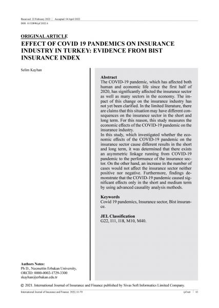 Selim KAYHAN / Effect of Covid-19 Pandemıcs on Insurance Industry in Turkey: Evidence From Bist Insurance Index