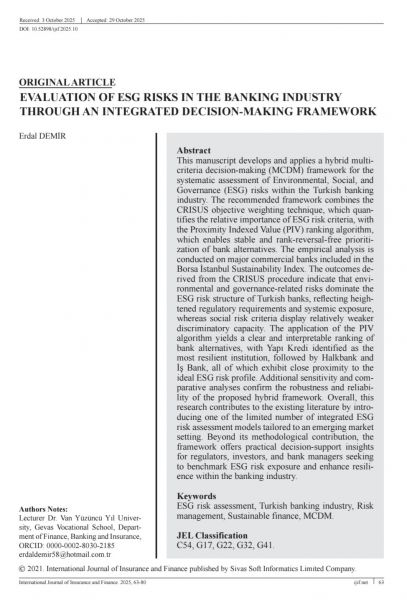 Erdal DEMİR / EVALUATION OF ESG RISKS IN THE BANKING INDUSTRY THROUGH AN INTEGRATED DECISION-MAKING FRAMEWORK