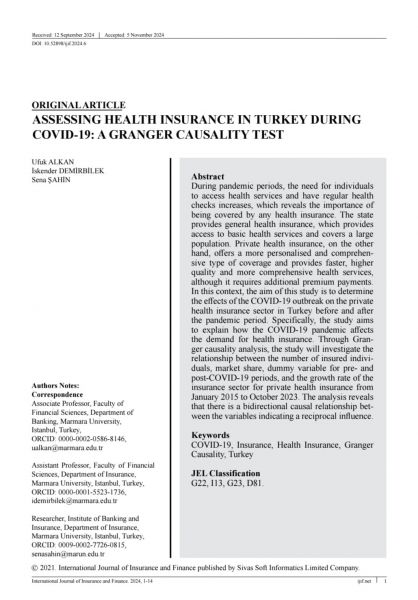 Ufuk ALKAN & İskender DEMİRBİLEK & Sena ŞAHİN / ASSESSING HEALTH INSURANCE IN TURKEY DURING  COVID-19: A GRANGER CAUSALITY TEST