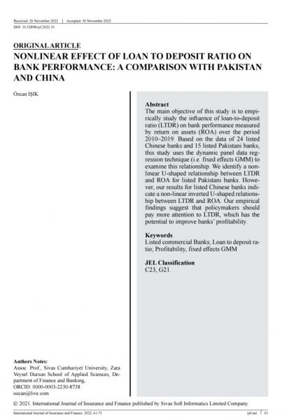 Özcan IŞIK / NONLINEAR EFFECT OF LOAN TO DEPOSIT RATIO ON BANK PERFORMANCE: A COMPARISON WITH PAKISTAN AND CHINA